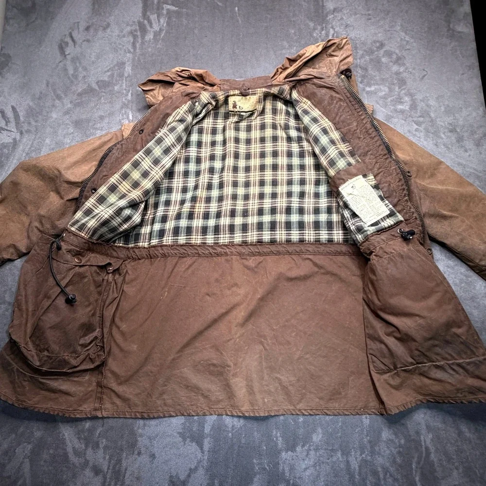 Vtg Outback Trading Co Jacket Mens M Swagman Brown Oilskin Plaid Lined Hunting